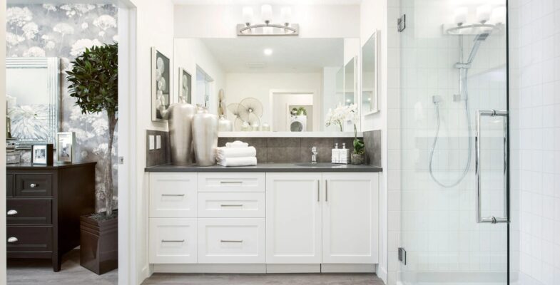 Sunlit 2 bedroom suite bathroom with a contemporary design, tailored for aging in place.