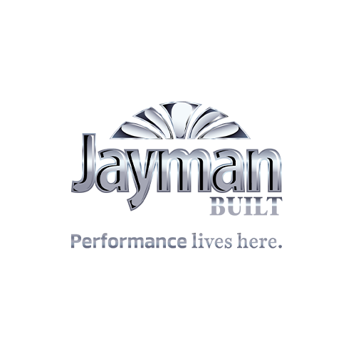 Jayman Built Logo in silver with a white background